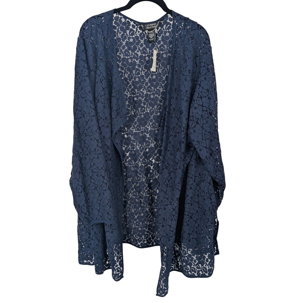 Catherines Lace Cardigan Women Plus 4X Navy Blue Floral Open Front Draped Layer